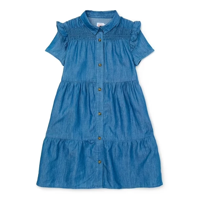 Wonder Nation Girls Denim Ruffle Shirt Dress with Short Sleeves, Size L (10-12)