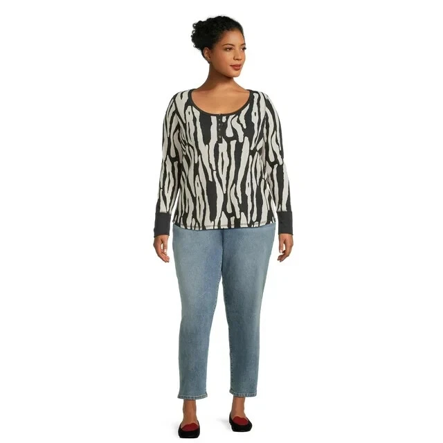 Terry & Sky Women’s Plus Size Henley Waffle Tee with Long Sleeves