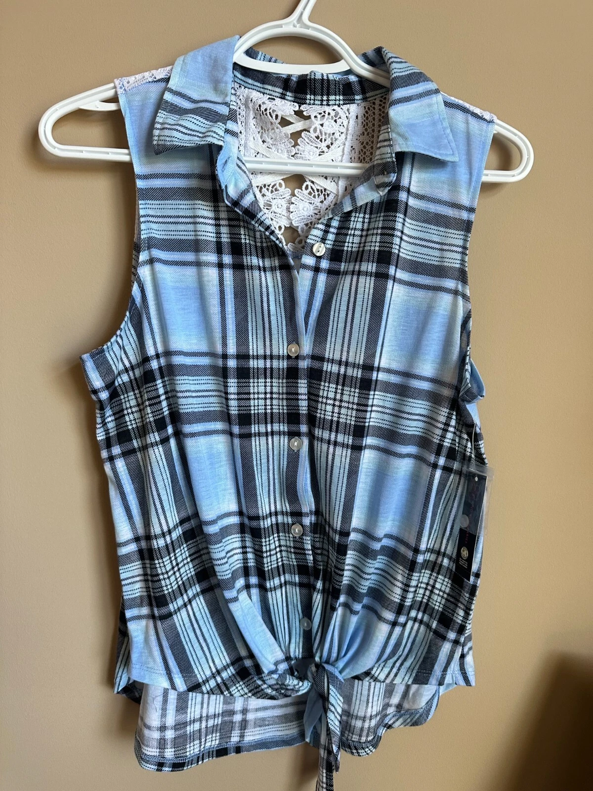 No Boundaries Junior Sleeveless Shirt Blue Plaid W/Tie Front - Size M (7-9)